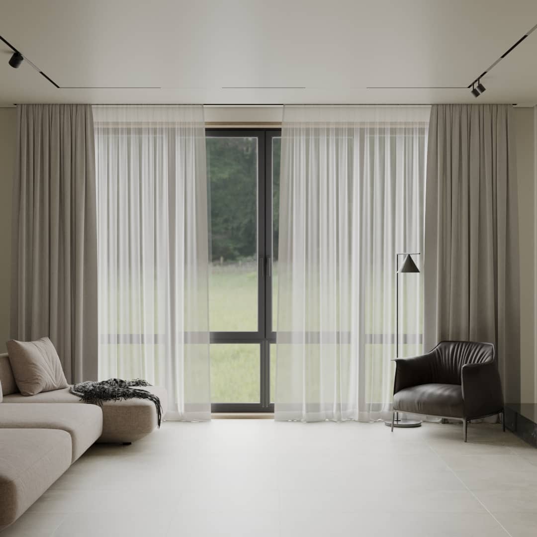 Salon z ukrytą niszą karniszową – zasłony od ściany do ściany