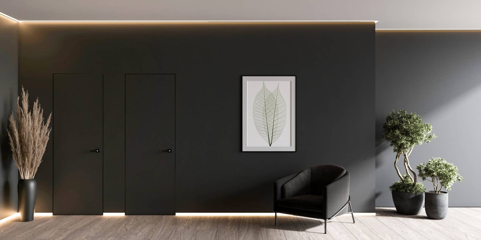 Kontur sufitu napinanego z podświetleniem LED – salon w ciemnej tonacji